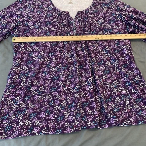 Woman Within Shirt Womens 1X Plus Purple Floral Henley 3/4 Sleeve Tunic Top Soft - Picture 3 of 7